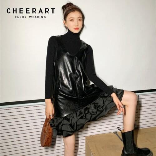 CHEERART Crocodile Faux Leather Dress Women Ruffle Black Lolita Sleeveless V Neck A Line Mini Tank Dress Spring 2021 Fashion
