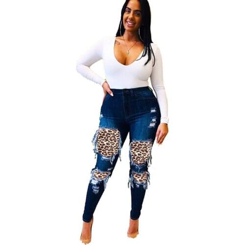 Casual Women Leopard Printt Ripped Denim Jeans pants Fitness Streetwear Skinny Has Stretch Jeans Winter Clothes For Women