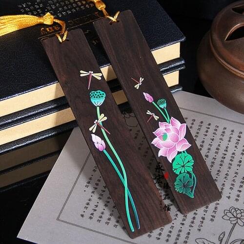 Retro Chinese style Lotus Dragonfly Bookmark Pendant Wooden Book mark Stationery School Office Supply Escolar Papelaria