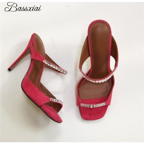Crystal Diamond One-Strap Sandals Women Square Open Toe 10cm Thin High Heels Luxury Suede Slingbacks Lazyman Mules Lady
