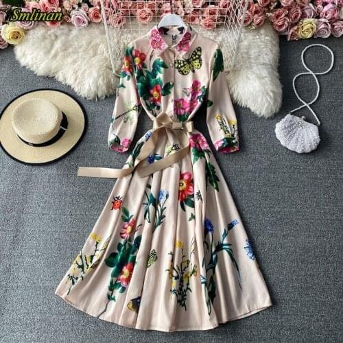 Smlinan Spring Summer Elegant Evening Party Dress Women Clothes Print Floral Vintage Dress Fashion Office Shirt Dress Ladies