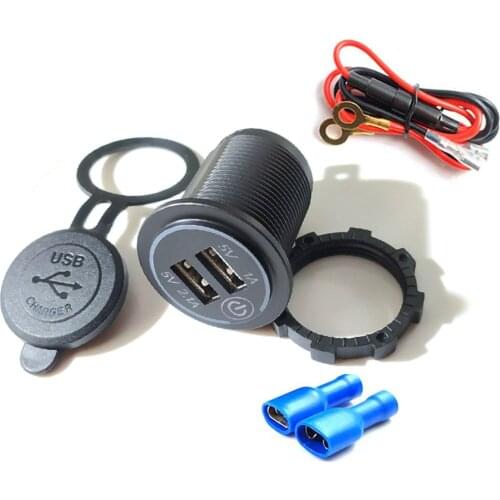 Touch Switch Motorcycle Charger Adapter 12-24V Universal Dual USB Car Power Socket Outlet Plug With 60CM Cable Indicator Light