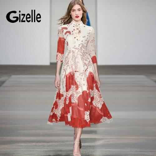 Gizelle Vintage Elegant Bowknot Collar Floral Print Midi Long A Line Dress Half Sleeve Party Dinner Dresses Vestidos Plus Size