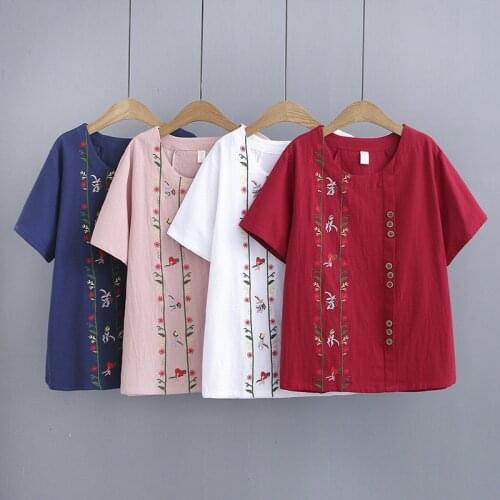 2019 Fashion Plus size 4XL Cotton T-shirt Top Women Short sleeve Embroidery Casual Tops Female Loose Cozy Vintage Tshirt G311