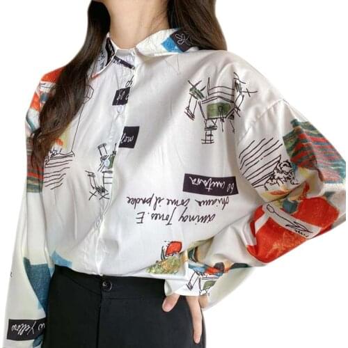 Women Shirt Long Sleeve Letters Print Scrawling Single-breasted Loose Shirt Blouse Top vestido de muje 2021 Spring/Autumn