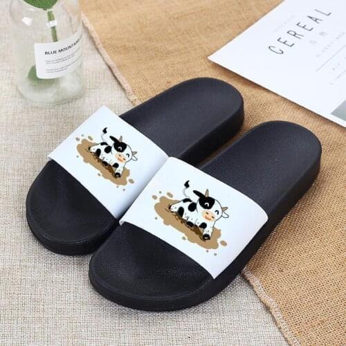 2021 Women Slippers House Indoor Slippers Cows Print Cartoon Shoes Thick Sole Ladies Flip Flops Beach Flat Slides Female