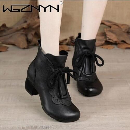 2021 Autumn and Winter New National Style Retro Short Boots Female Leather Round Toe Mid-heel Non-slip Side Zipper Single Boots