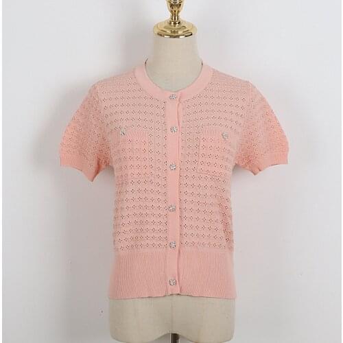 High Quality O-Neck Fashion Luxury Button Short-Sleeved Cardigan Pink Summer Casual Hollow Slim Single-Breasted Knit Top T-Shirt