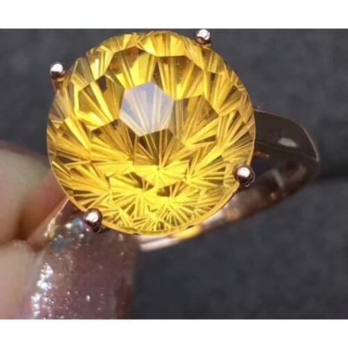 Natural 10*10mm Fireworks citrine Ring Natural yellow crystal Ring S925 silver trendy elegant round Pretty womens party jewelry