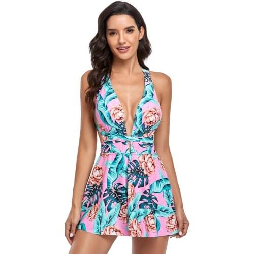 Floral Printed Halter Women Swim Dress 2021 Female Bathing Suits Cut Out Mesh Flower Swimdress Ladies Beachwear Bikini XXL