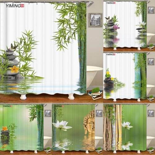 Zen bamboo and stone pattern SPA printing bathroom waterproof shower curtain polyester home decoration curtain with hook