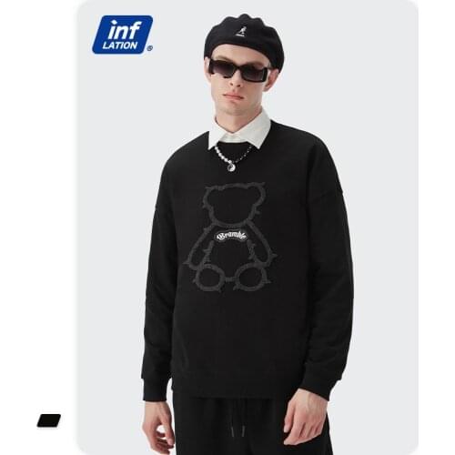 INFLATION Harajuku Funny Bear Embroidery Terry Sweatshirt Men 2021 Trending Black Crewneck Sweatshirt Couple Cute Pullover 4034W