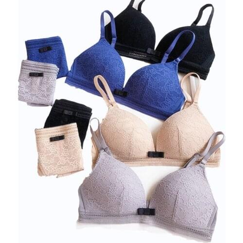 Women Thin Cup B Lace Bra Sets Cozy Adjustable Wireless Push Up Bras + Embroidery Panties One-Piece Lingerie Set soutien gorge
