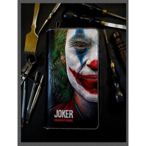 Handmade Wallets Hand Carving Clown Zipper Purses Women Men Long Clutch Vegetable Tanned Leather Card Holder Gift