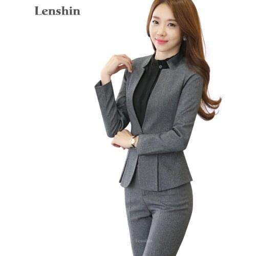 2 piece Gray Pant Suits Formal Ladies Office OL Uniform Designs Women elegant Business Work Wear Jacket with Trousers Sets