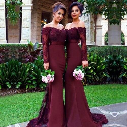 Lace Burgundy Bridesmaid Dresses 2021 New Mermaid Long Sleeve African Wedding Party Dress Formal Gowns Maid Of Honor
