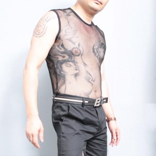 Summer Mens Sleeveless Mesh Fishnet Tank Top Sexy See Through Shirt Tops Tights Fitness Tanktop Hot Shapers Gothic Funny Tshirt