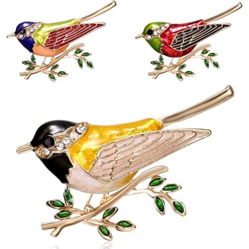 Fashion Bird Branch Rhinestone Inlaid Brooch Pin Women Denim Jacket Collar Badge