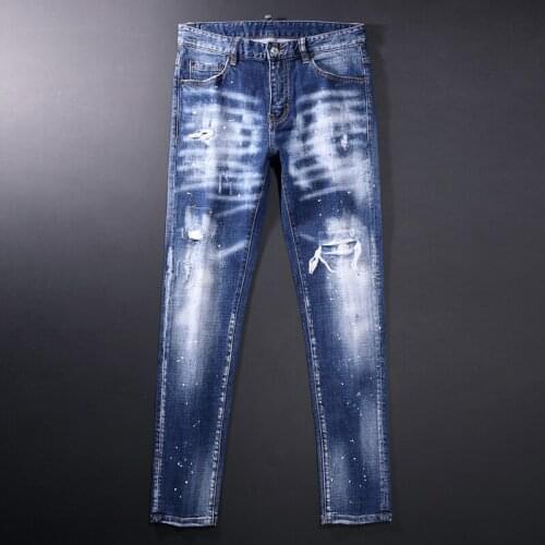 Fashion Streetwear Men Jeans Elastic Cotton Distressed Retro Blue Ripped Jeans For Men Painted Designer Hip Hop Slim Punk Pants