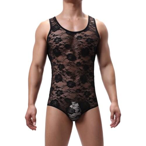 Men Undershirt Sexy Wrestling Suit Men Bodysuit Lace Jockstrap Gay Thong Swimsuit Transparent Bulge Pouch One-piece Shapers