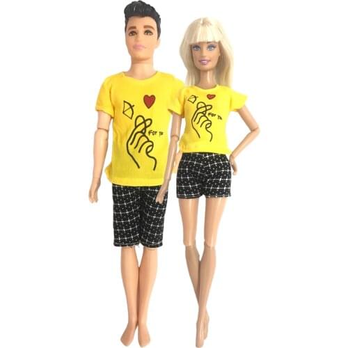 NK 2 Pcs /Set Doll Couple Dress Casual Wear Yellow Shirt Shorts for Barbie Doll for Ken Doll Accessories Baby Girl Boy Toys