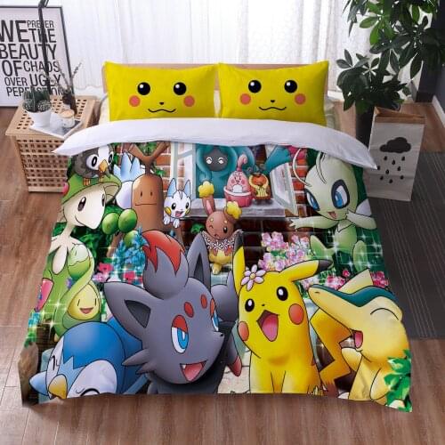 New Pokemon Anime Pikachu Bed Three-piece Set 3D Printing Pikachu Quilt Cover Pillow Case Children Quilt Cover Sheet Pillow Case