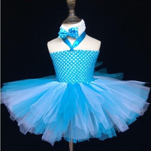 Girls Turquoise Crochet Tutu Dress Baby Fluffy 2Layers Tulle Dress Ballet Tutu Ball Gown with Flower Headband Kids Party Dresses