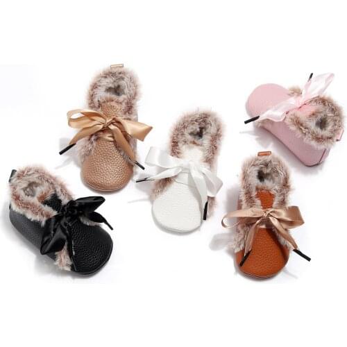 0-24M Casual Baby Girls Princess Shoes Baby Kids Pu Leather Crib 5Colors Infant Toddler Faux Fur With Bow Baby Shoes