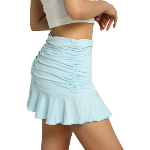 Womens Ruched Ruffle Mini Skirt High Waist Solid Color Stretch A-line Pleated Skirt