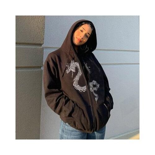 Women Long Sleeve Sweatshirt Hoodie Y2K top Zip dragon Rhinestone Loose Oversized Streetwear Grunge clothes 2021 Winter kawaii