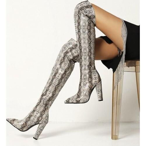 Snake Print Women Shoes Winter Fashion Pointed Toe Thigh High Heels Boots Lady Party Runway Basic Over-the-Knee Warm Boot Woman