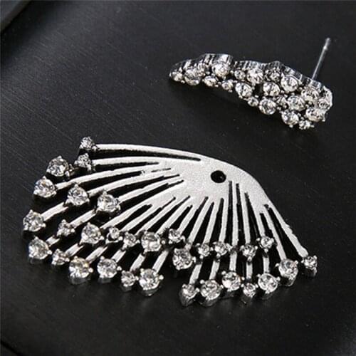 Women Retro Punk Jewelry Fashion Personality Silver Color Feather Crystal Stud Earring Charm Girl Party Wedding Gifts