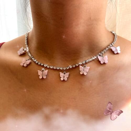 Flatfoosie Trendy Acrylic 7 Butterfly Pendant Necklace for Women Silver Color Shiny Rhinestone Choker Necklace Wedding Jewelry