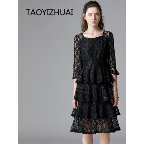 TAOYIZHUAI autumn new arrival casual style women cake dress plus size patchwork knee length flare sleeve party dress 14340