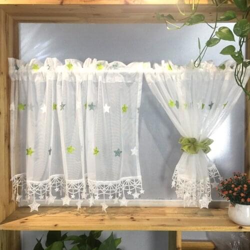 1 PC Rod Pocket Sheer Tier Curtain Valance for Kitchen Bathroom Cabinet Cafe Green Star Embroidery Lace Bottom Drapes M065C