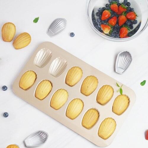 12 With Golden Black Madeleine Mold Thickened Baking Tray Non-Stick Coating Shell Cake Mold Cookies Snacks Tools DIY Artifact