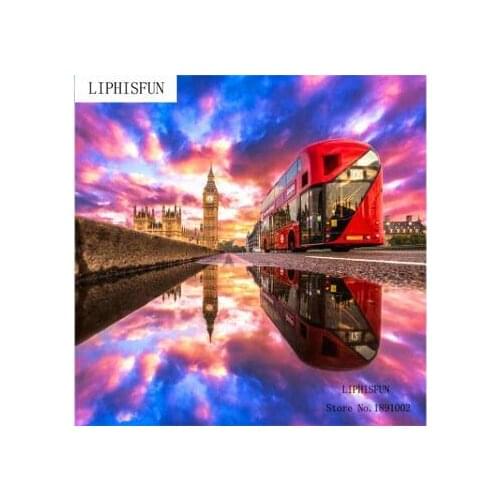 5D Full Square Diamond DIY Diamond Painting Red City Buslandscape Embroidery Cross Stitch Rhinestone Mosaic Wall Decor