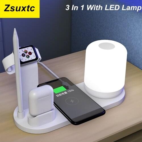 3 IN 1 QI Fast Wireless Charger Dock for iPhone 11 Pro Max for Apple Watch iWatch 1 2 3 4 5 Airpods Charger Holder LED Lamp