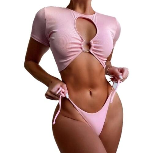QINJOYER Hot Pink Bikini Women Short Sleeve Bikini Top Swimwear 2021 Bathng Suits Women Sexy Thong Bikini Set 2 Pieces Swimsuit