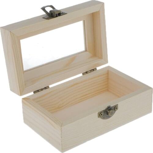 Phenovo Unfinished Wooden Tool Jewelry Storage Box Glass Lid Chest Case Keepsake Gift for DIY Crafts Painting Jewelry Packaging
