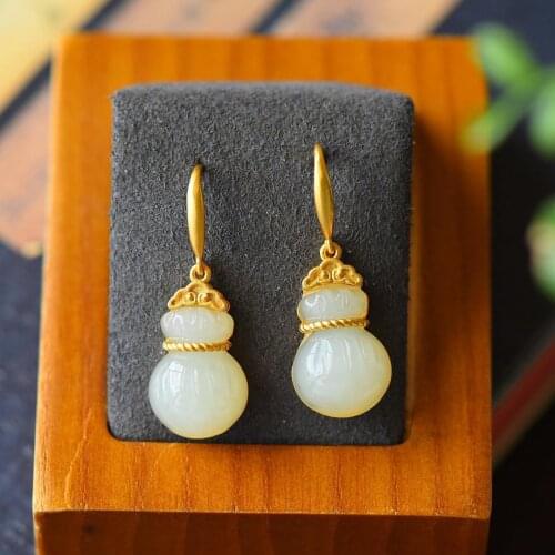 Natural Hetian Jade Purse White Jade Earrings Retro Style Chinese Style S925 Sterling Silver Gilding Ruyi Earrings Earrings