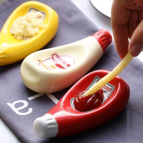 2 Pcs Ceramic Tomato Sauce Bottle Shape Dish Soy Sauce Plate Ketchup Mayonnaise Mustard Seasoning Dish S, Beige & Red