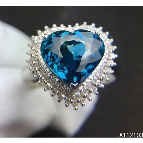 KJJEAXCMY fine jewelry 925 sterling silver inlaid natural London Blue Topaz girl elegant simple heart gem ring support check