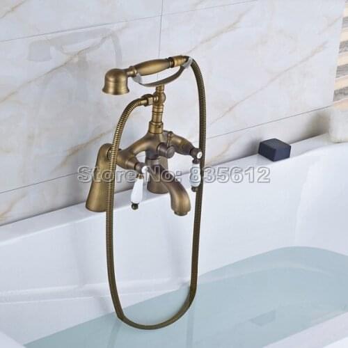 Classic Antique Brass Bathroom Shower Faucet Deck Mounted Dual Handle Bathtub Faucet Set with Handheld Shower j059
