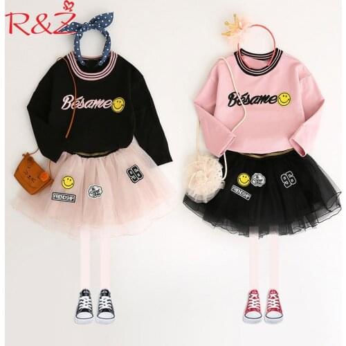 R&Z Baby Girls Clothes Set 2019 New Stickers Badge Letter Printing O-neck T-shirt + Yarn Skirt 2 Pcs Kids Childrens Clothing