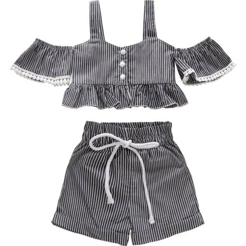 Baby Girls 2PCS Summer Outfits, Strap Off Shoulder Striped Button Tops + Drawstring Shorts Set 1-5T