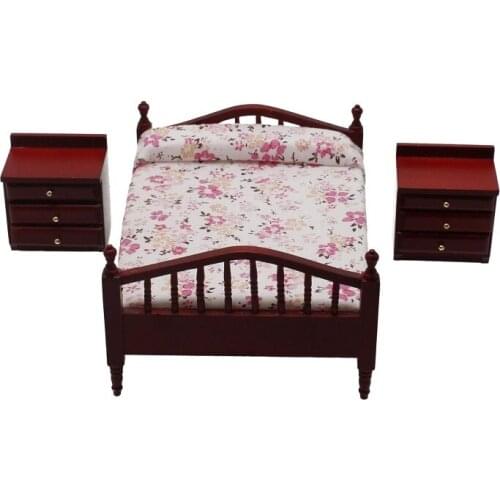 Dollhouse Furniture Miniature 1/12 Bed Wooden Bedside Cabinet Bedroom Accessory Furniture Toys Set for Girls
