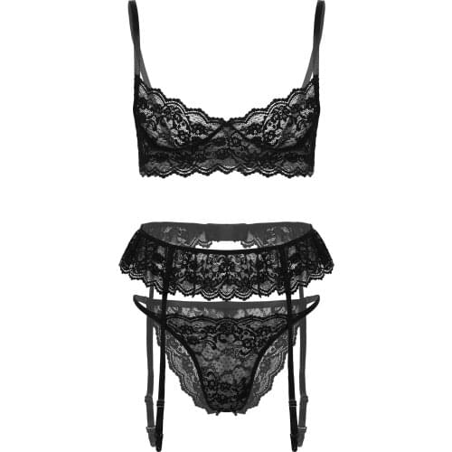 Men Floral Lace Lingerie Set Sissy Gay See-through Underwear Sexy Nightwear Unlined Bra With Thongs Garter Belt Males Panties