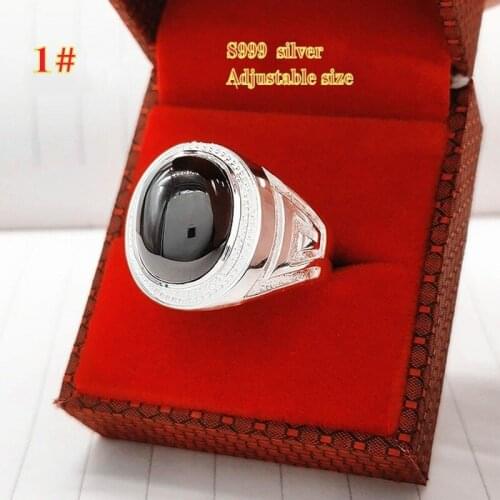 New 100% real S999 silver men ring domineering personality wide face black finger adjustable single index finger rings for Man