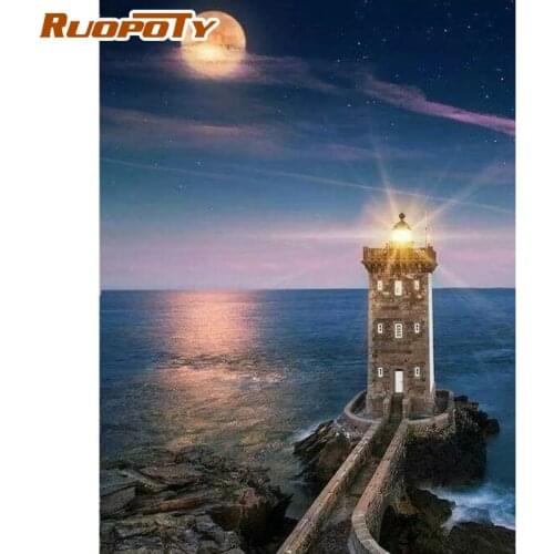 RUOPOTY Frame Picture Moon Lighthouse Diy Painting By Numbers Seascape Canvas By Numbers Modern Home Wall Art Picture Diy Gift